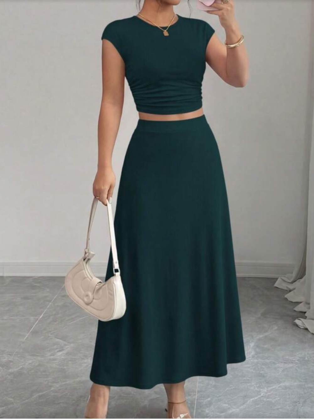 Dark Green Ribbed A-Line Maxi Skirt and Crop To Set